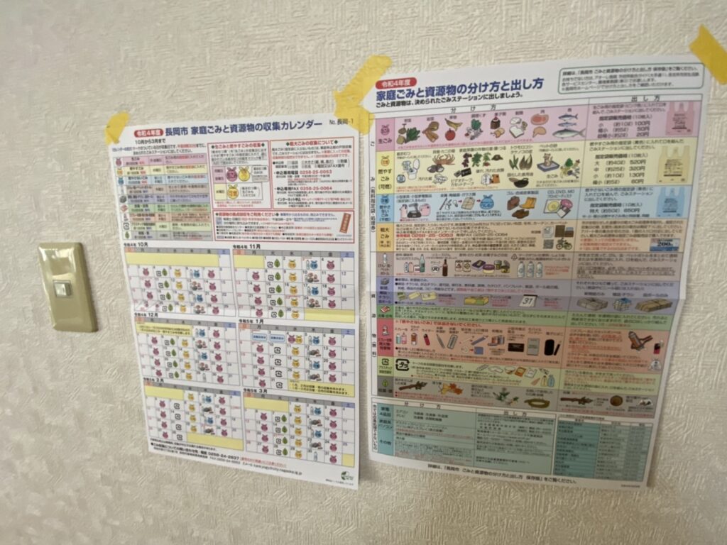 長岡市のごみカレンダーも掲示されています。